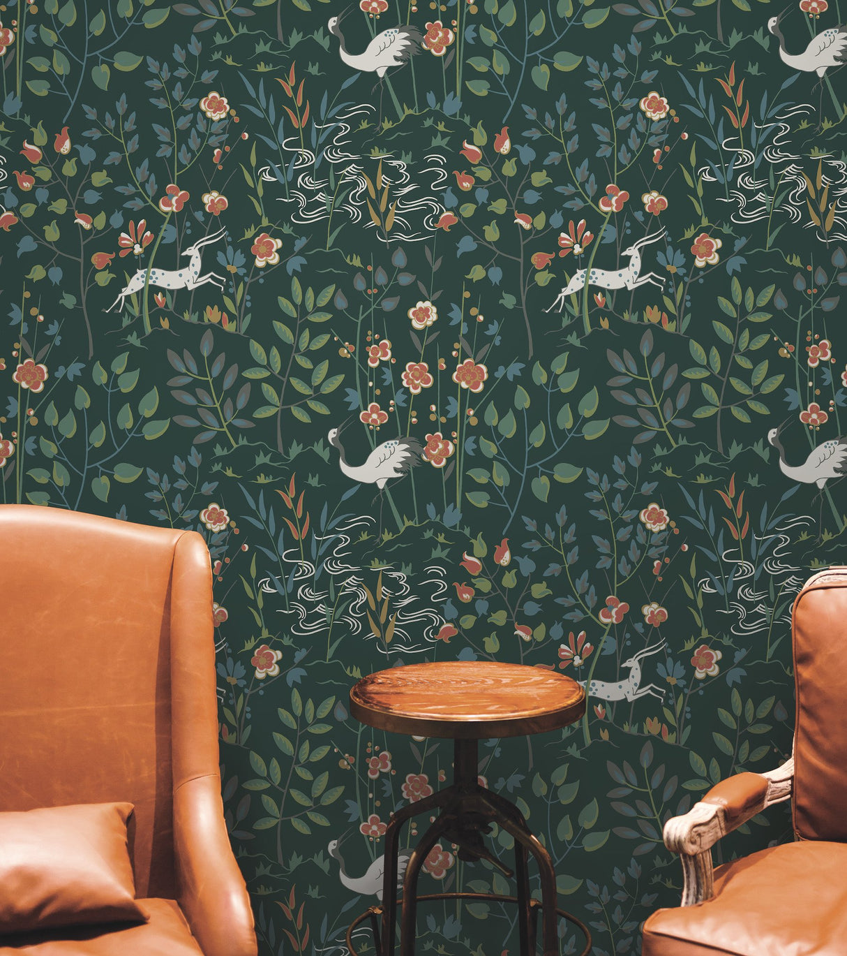 Aspen Dark Green Wallpaper with Woodland Stag and Crane Scenic Motif - York HO2126
