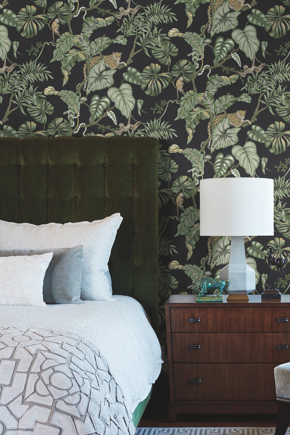 Jungle Cat Black Wallpaper with Tropical Jaguars, Monkeys & Palm Leaves - York HO2143