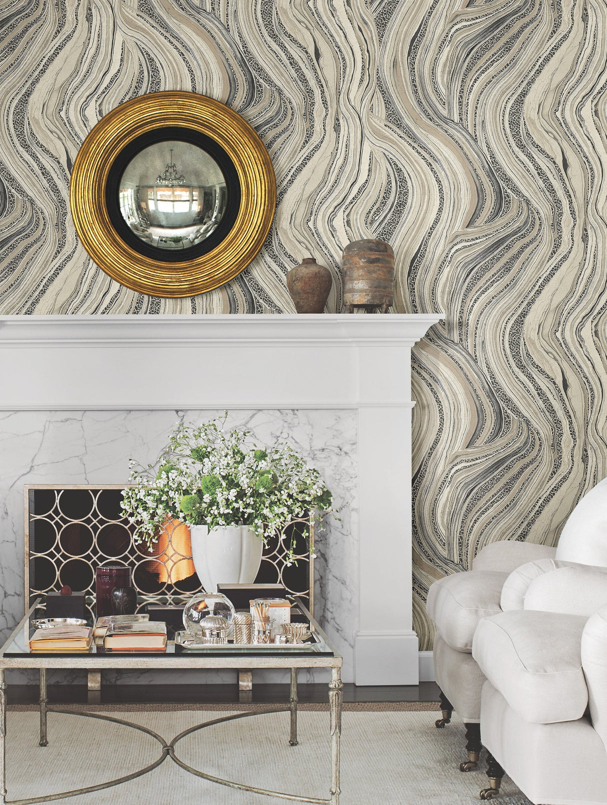 Streaming Cheetah Linen Wallpaper with Marble Veining Animal Motif - York HO2171