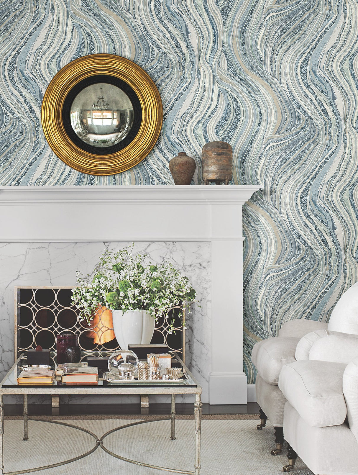 Streaming Cheetah Blue Wallpaper with Textured Animal Print and Marble Veining - York HO2173