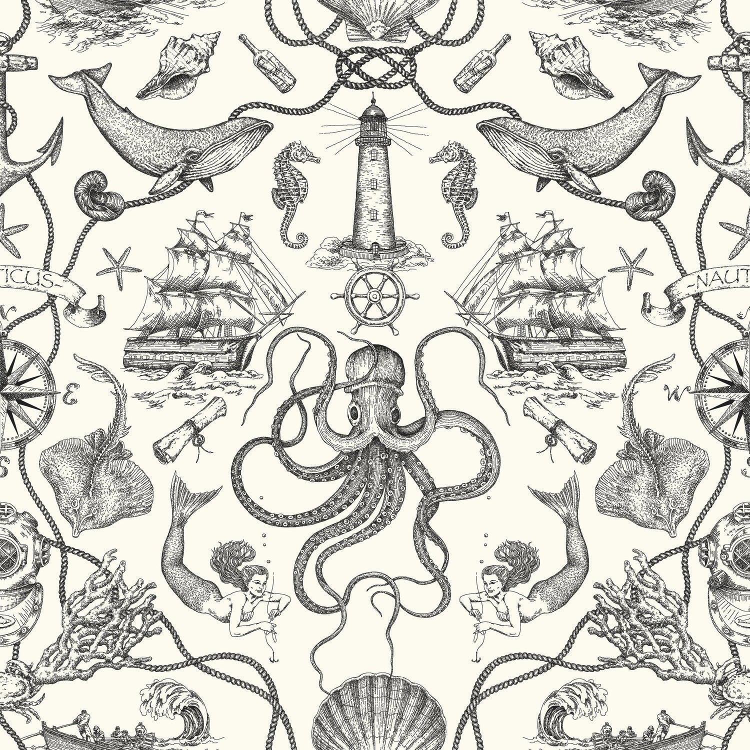 Deep Sea Toile Black Wallpaper with Nautical Mermaids, Ships & Octopus Motif - York HO3360