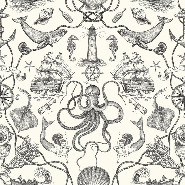 Deep Sea Toile Black Wallpaper with Nautical Mermaids, Ships & Octopus Motif - York HO3360