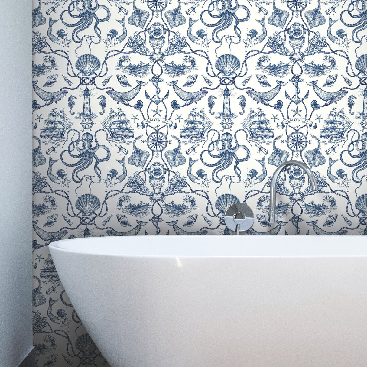 Deep Sea Toile Blue Wallpaper with Nautical Toile Motif, Prepasted Sure Strip, Straight Match - York HO3361