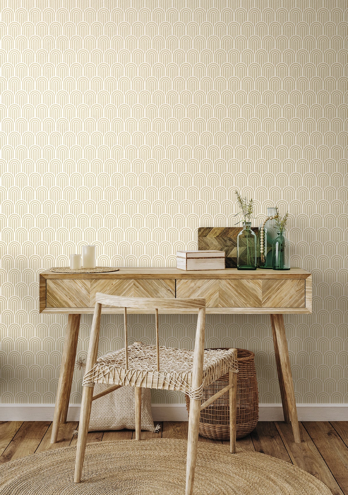 Retro Arch Cream by Hoopla Walls Cream and White Small Scale Geometric Retro Arch Pattern Fully Removable Peel and Stick Wallpaper - HWA1066PU