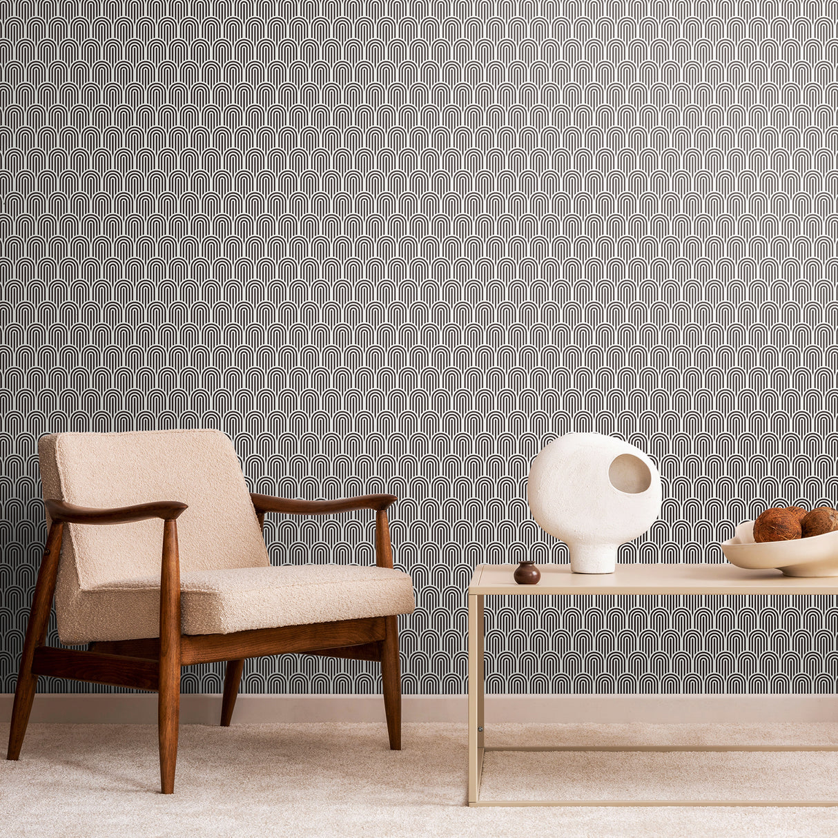 Retro Arch Black by Hoopla Walls Retro Small Scale Geometric Arch Pattern Peel and Stick Removable Non Woven Wallpaper - HWA1067PU