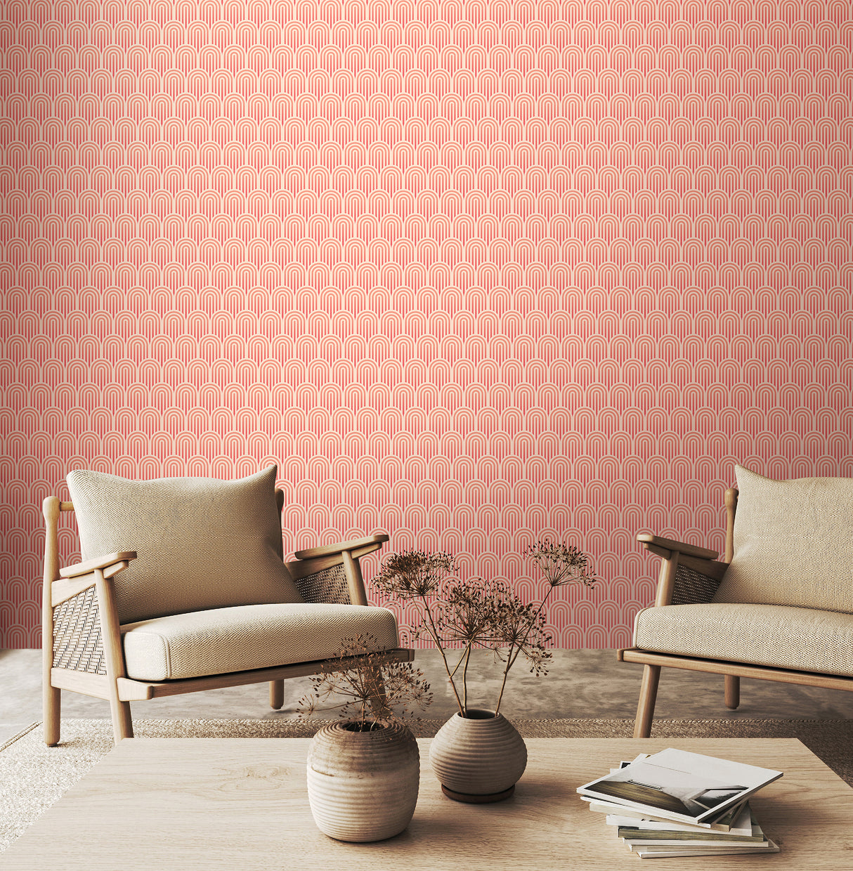 Retro Arch Blush Pink by Hoopla Walls Retro Geometric Arch Pattern Peel and Stick Fully Removable Non-Woven Wallpaper - WallPops HWA1072PU