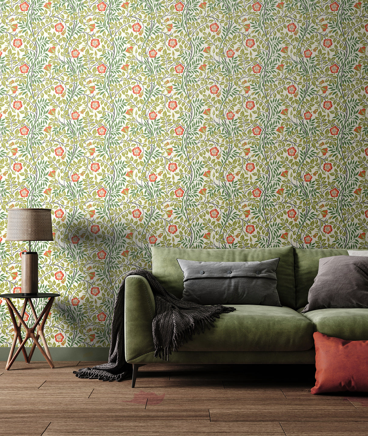 Rosehip Trail Coral Pink by Hoopla Walls Transitional Arts and Crafts Botanical Trailing Floral Vine Peel and Stick Wallpaper - HWA1098PU
