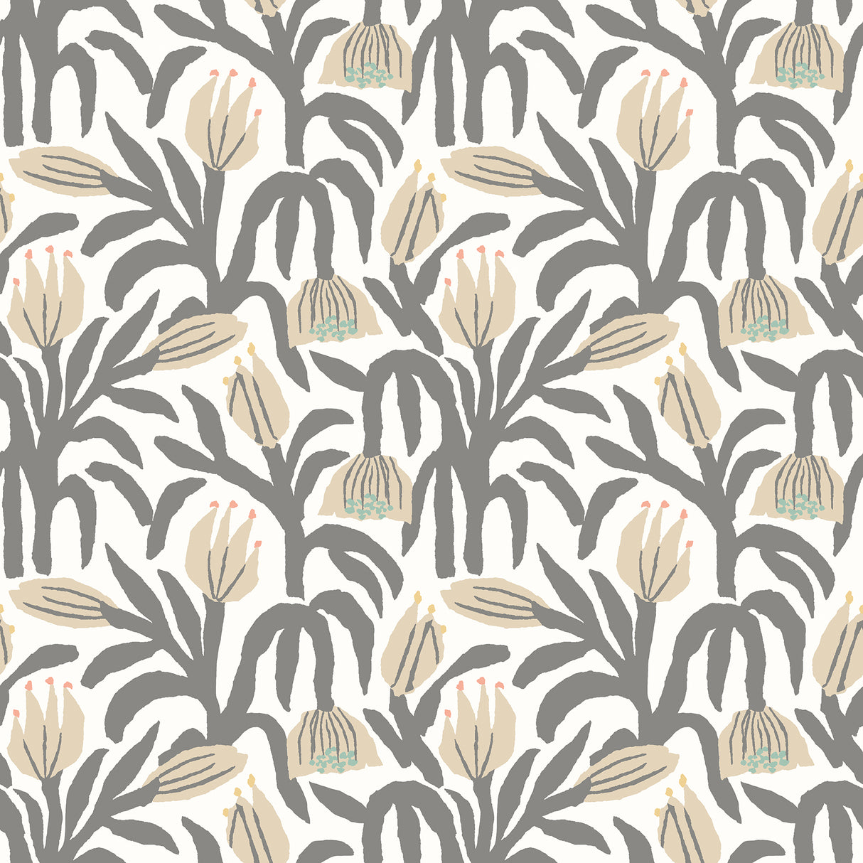 Chunky Flower Black & White Peel and Stick Wallpaper by Hoopla Walls featuring chunky grey botanical florals and taupe blooms on an off-white background - HWA1150PU
