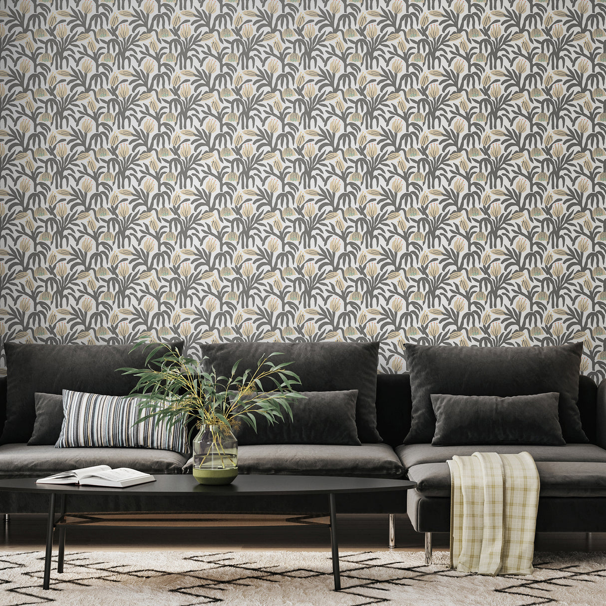 Chunky Flower Black & White by Hoopla Walls Modern Botanical Peel and Stick Removable Wallpaper - HWA1150PU