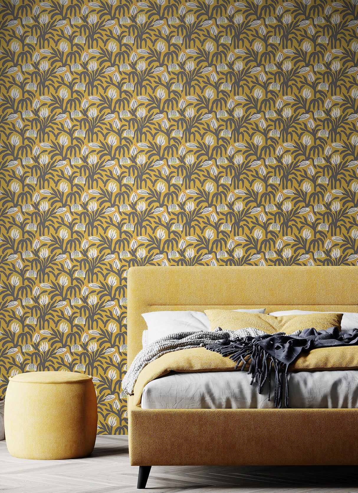 Chunky Flower Mustard by Hoopla Walls Modern Yellow and White Botanical Floral Fully Removable Peel and Stick Wallpaper Roll 29.6 sq ft - HWA1154PU