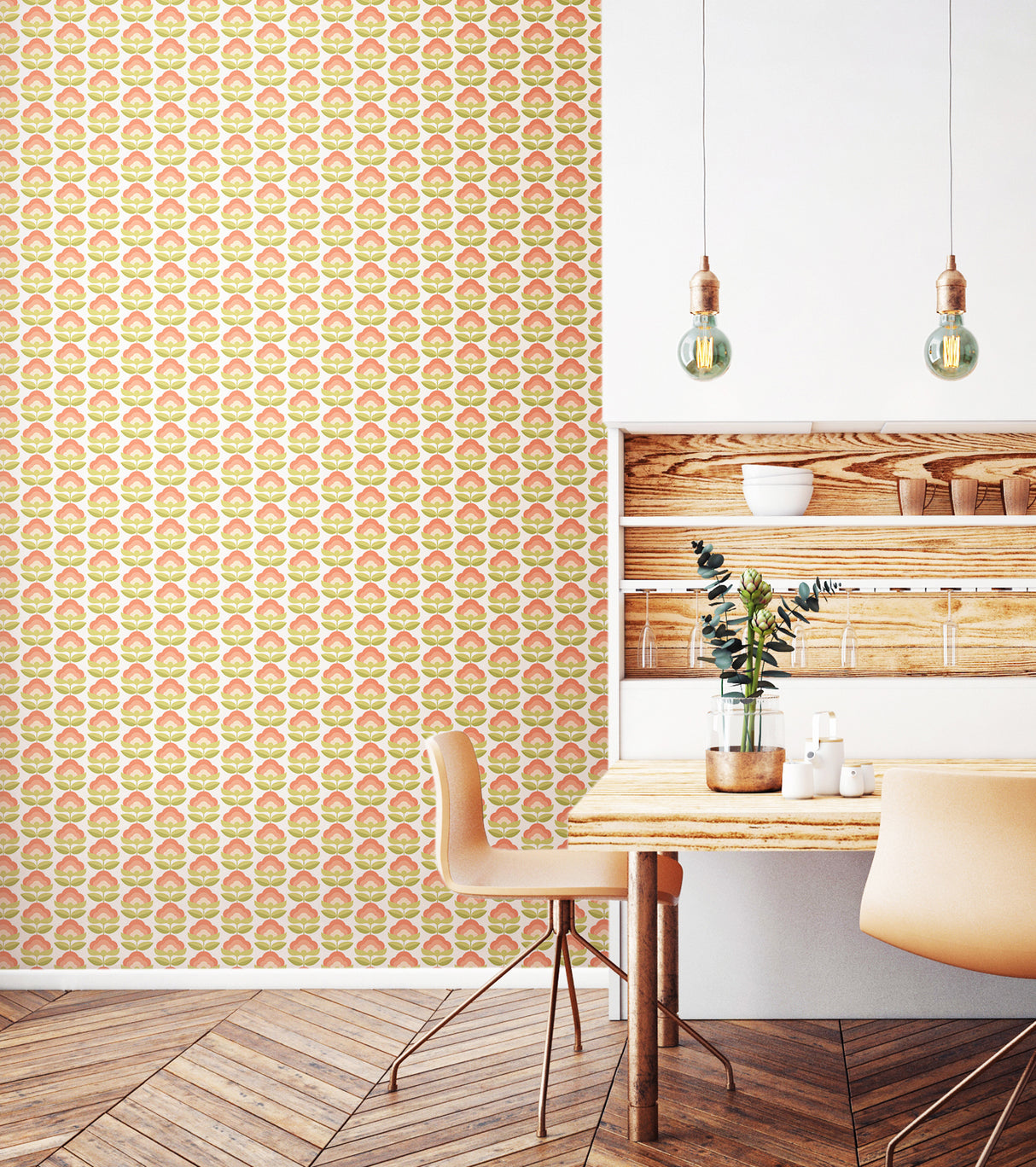 Retro Flower Apricot Mix Peel and Stick Wallpaper with Pink and Green Retro Botanical Floral Print, Fully Removable by Hoopla Walls - HWA1169PU