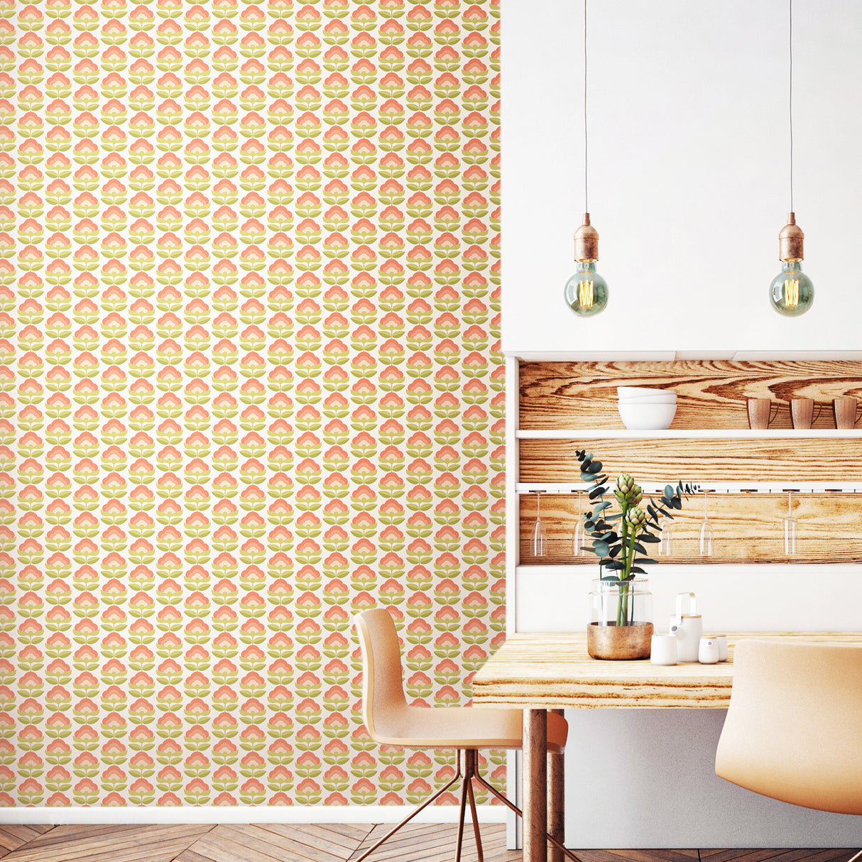 Retro Flower Apricot Mix Peel and Stick Wallpaper with Pink and Green Retro Botanical Floral Print, Fully Removable by Hoopla Walls - HWA1169PU