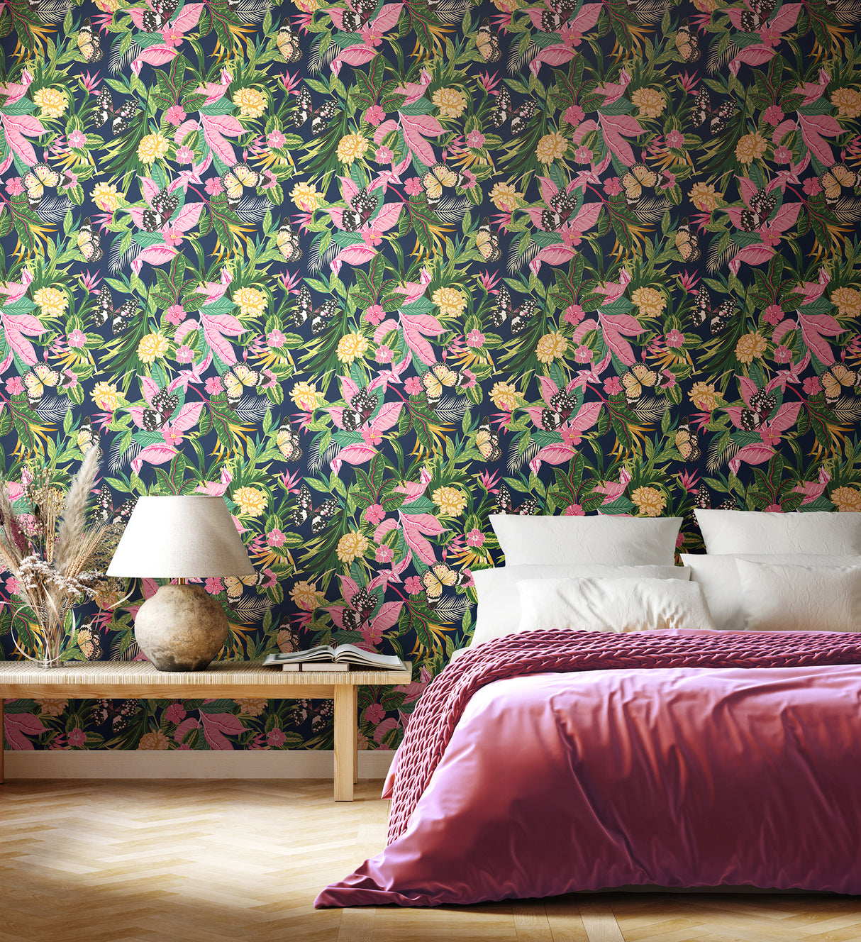 Paradise Indigo and Pink by Hoopla Walls Tropical Botanical Butterfly Peel and Stick Fully Removable Non-Woven Wallpaper - HWA1195PU