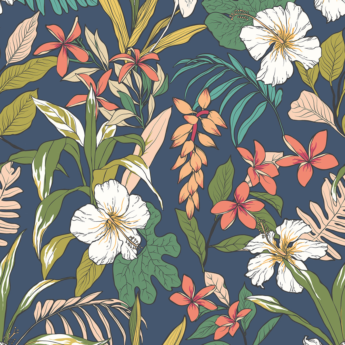 Oasis Navy Twist Peel and Stick Wallpaper by Hoopla Walls - Deep Blue White and Orange Tropical Botanical Floral Pattern - HWA1203PU
