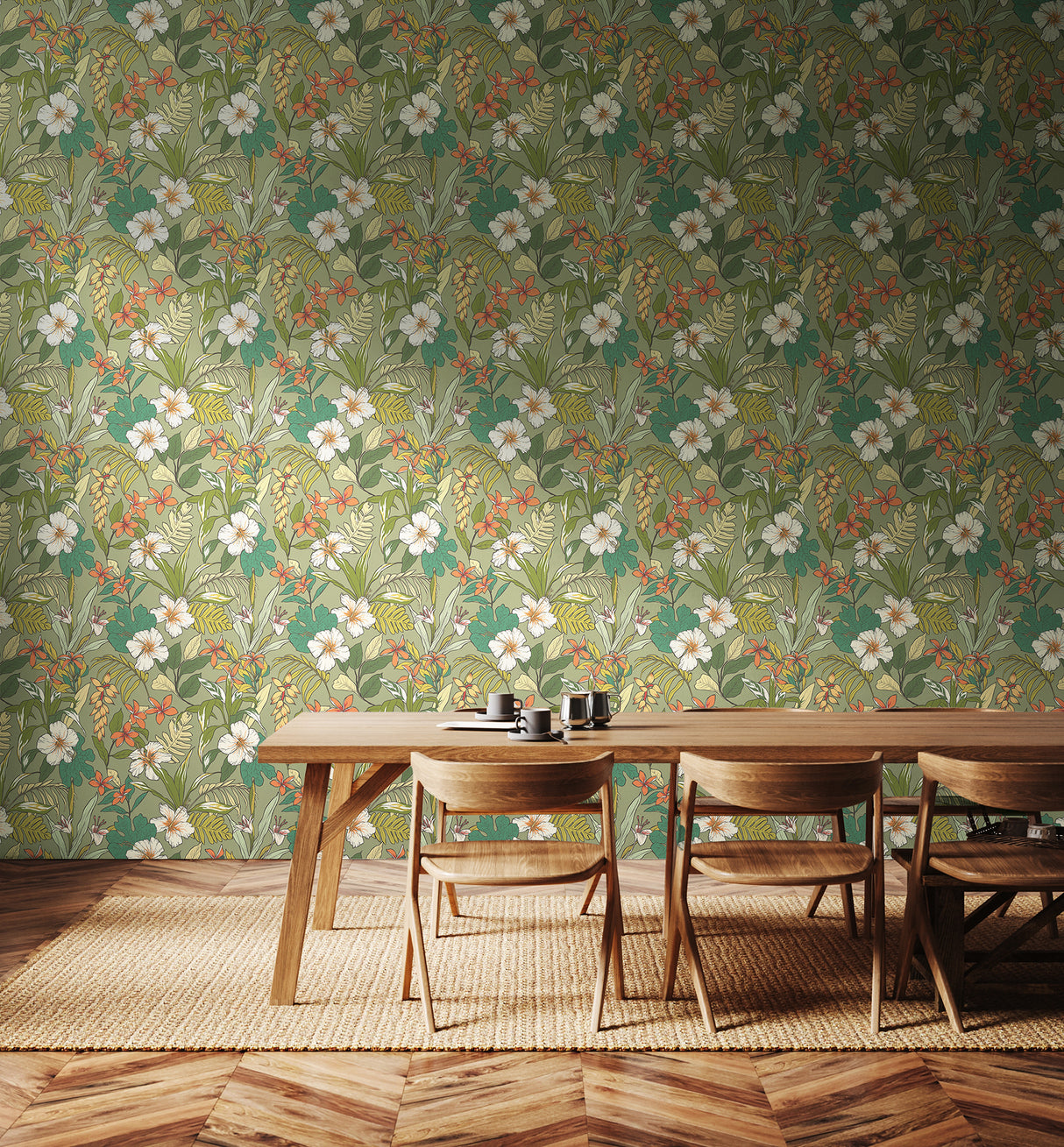 Oasis Olive and Citrus by Hoopla Walls Olive Green Tropical Botanical Floral Fully Removable Non-Woven Peel and Stick Wallpaper Roll - HWA1204PU