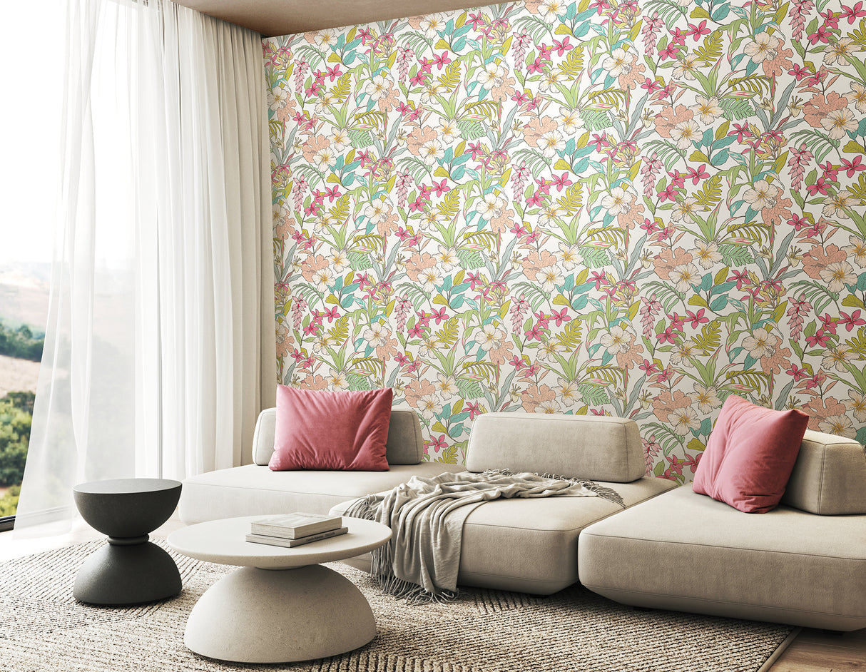 Oasis Apple and Rose by Hoopla Walls Peel and Stick Tropical Botanical Floral Wallpaper Fully Removable Roll 19.7in x 18ft - HWA1207PU