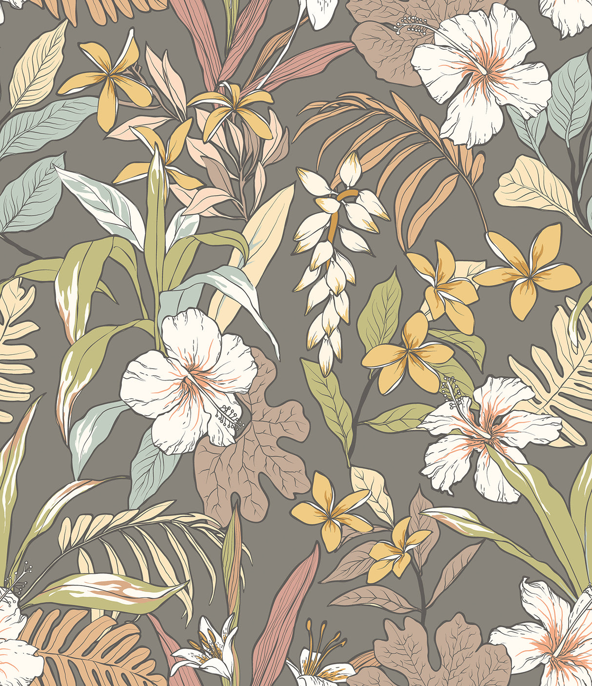 Oasis Mink & Sage Peel and Stick Wallpaper by Hoopla Walls featuring tropical botanical florals on a mink taupe background - HWA1209PU