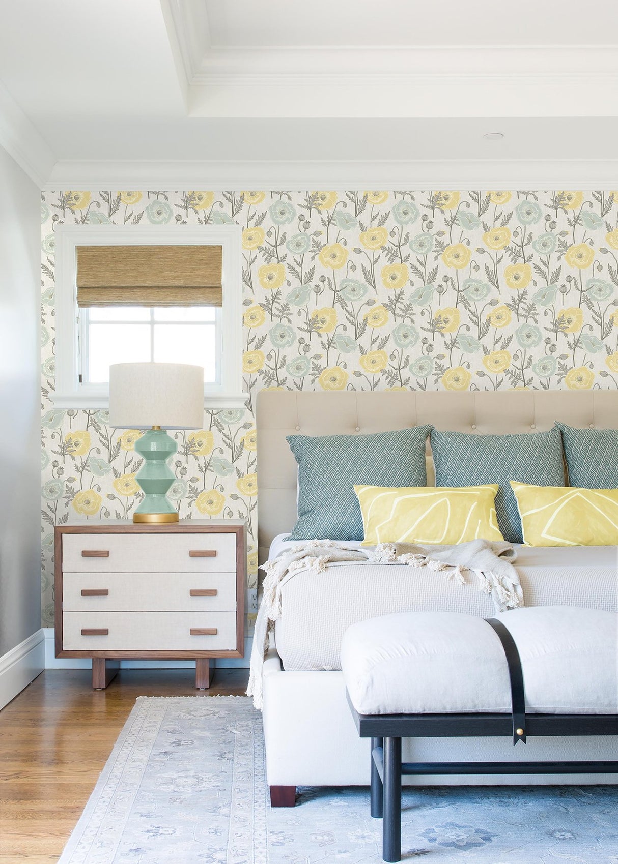 Poppy Field Aqua Peel & Stick Wallpaper with Bohemian Botanical Flower Pattern - Brewster JHS5027