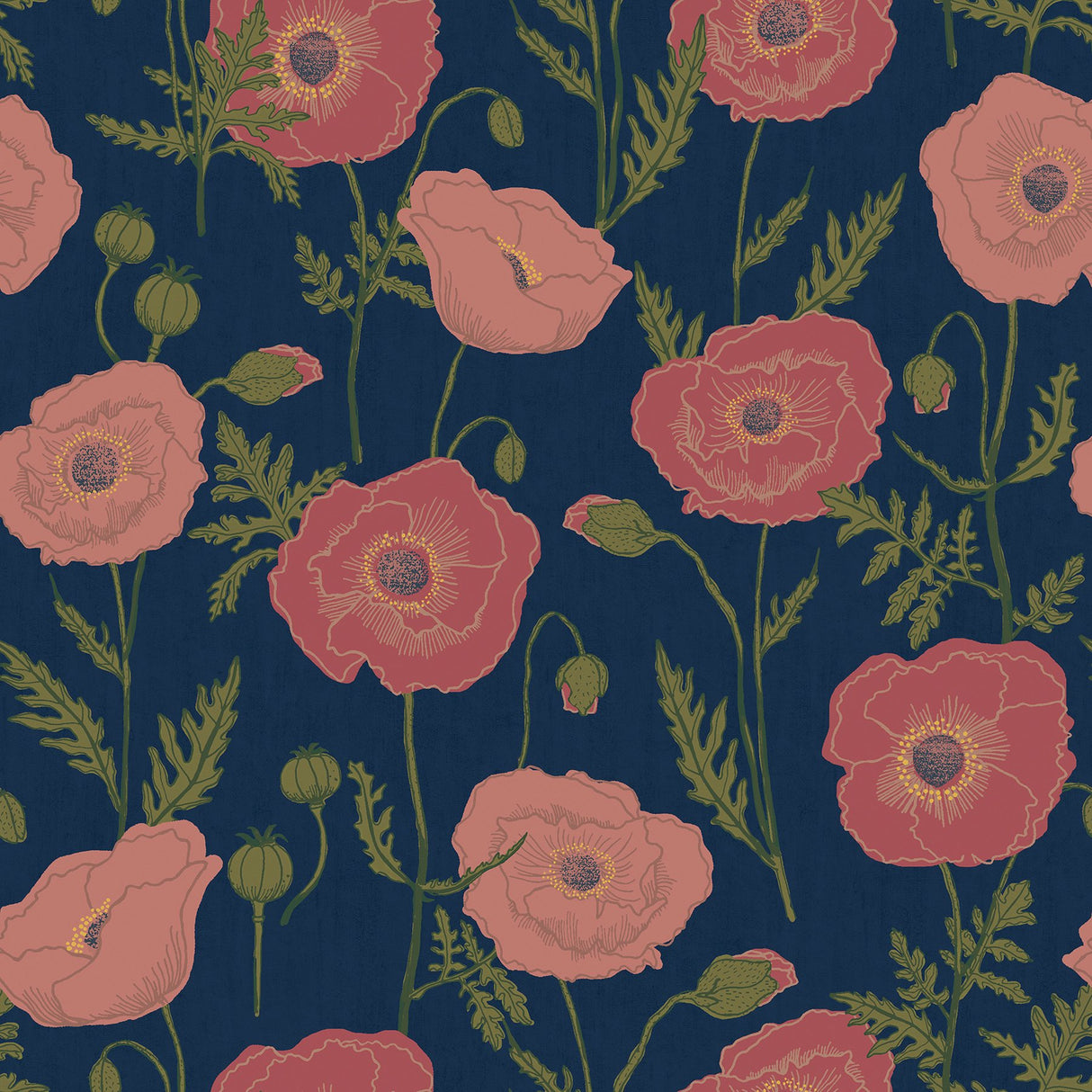 Poppy Field Navy Pink Peel & Stick Wallpaper with Bohemian Botanical Floral - NuWallpaper JHS5028