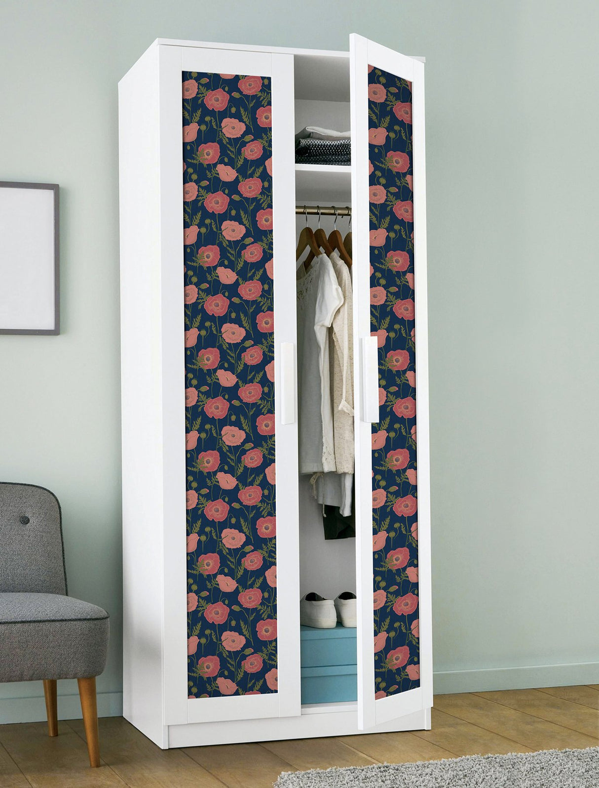 Poppy Field Navy Pink Peel & Stick Wallpaper with Bohemian Botanical Floral - NuWallpaper JHS5028