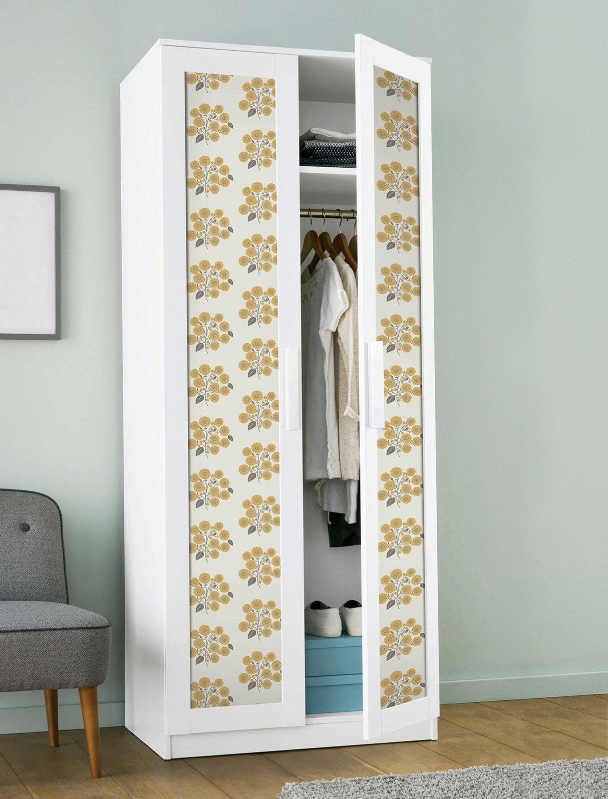 StrawFlower Mustard Grey Peel & Stick Wallpaper with Bohemian Botanical Floral Pattern - JHS5031