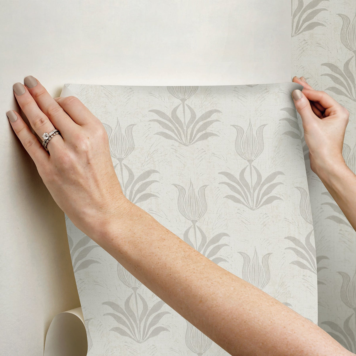 Parrot Tulip Grey Peel & Stick Wallpaper with Botanical Floral Motif, Bohemian Style - NuWallpaper JHS5033