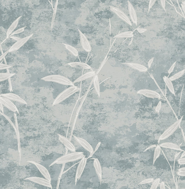 Honshu Bamboo wallpaper in Blue Smoke with delicate bamboo leaves on a mottled background