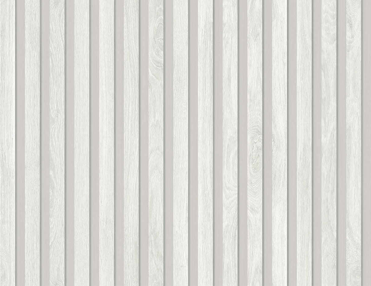 Pearl grey vertical wood slat wallpaper with subtle grain texture
