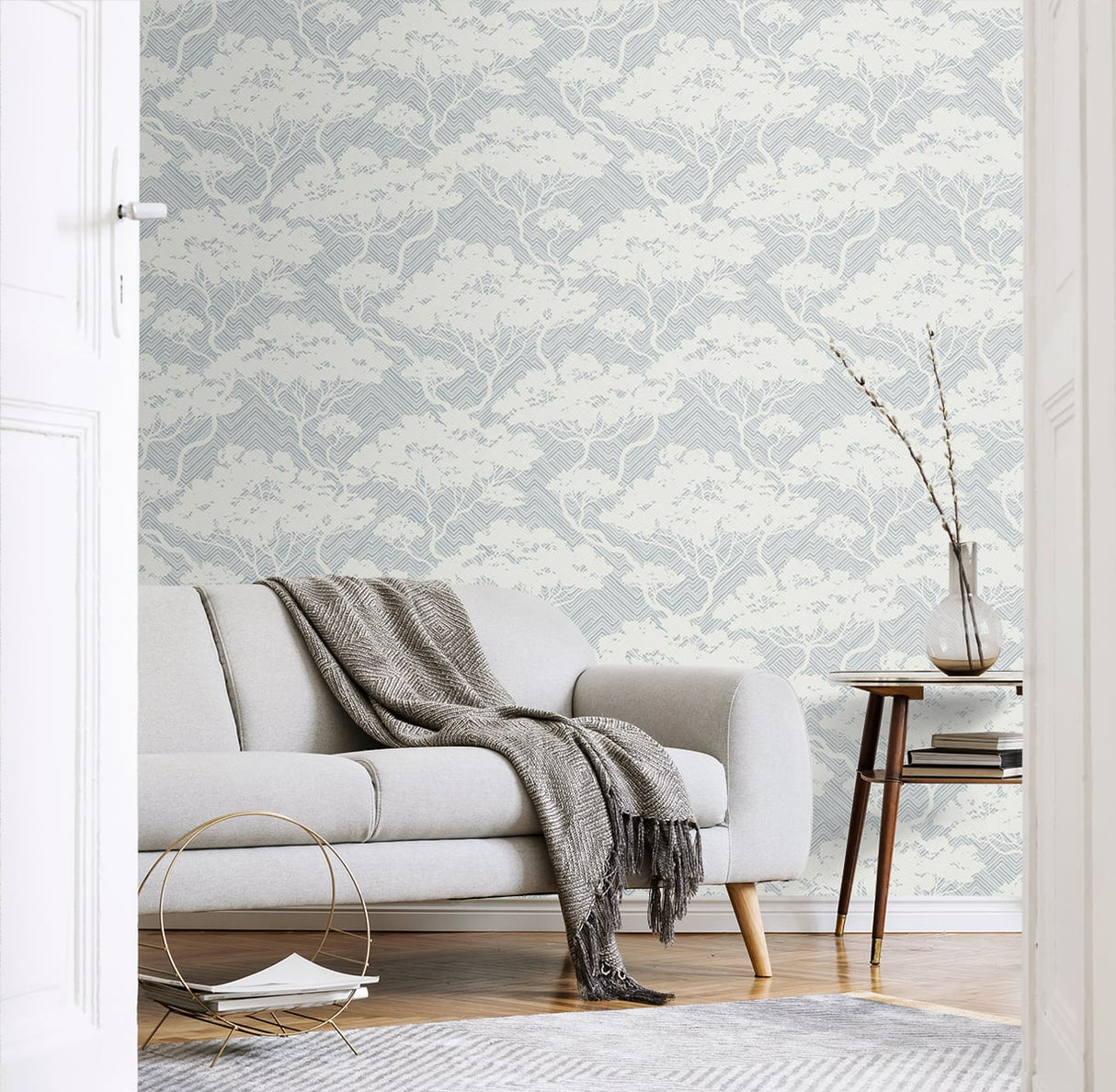 Nara Stringcloth Blue Mist by Japandi Style Botanical Tree Wallpaper – Seabrook Designs JP11702