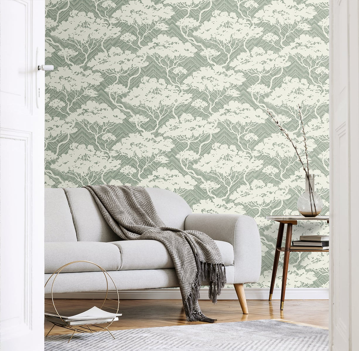 Nara Stringcloth Sage by Japandi Style Botanical Tree Wallpaper – Seabrook Designs JP11704