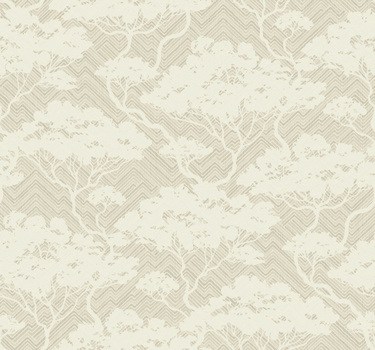 Linen beige botanical tree silhouette wallpaper with subtle chevron texture, matte finish