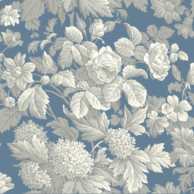 Antique Floral Wedgewood Blue & Grey Wallpaper with Classic Botanical Floral Motif - York KC1845