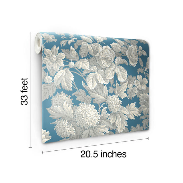 Antique Floral Wedgewood Blue & Grey Wallpaper with Classic Botanical Floral Motif - York KC1845