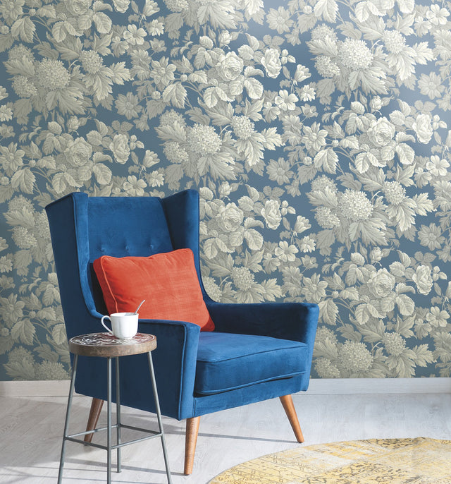 Antique Floral Wedgewood Blue & Grey Wallpaper with Classic Botanical Floral Motif - York KC1845