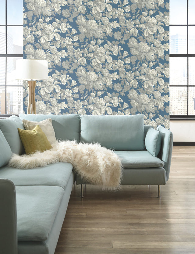 Antique Floral Wedgewood Blue & Grey Wallpaper with Classic Botanical Floral Motif - York KC1845