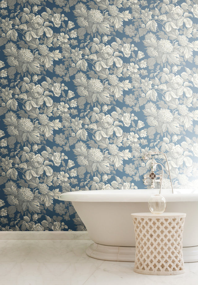 Antique Floral Wedgewood Blue & Grey Wallpaper with Classic Botanical Floral Motif - York KC1845