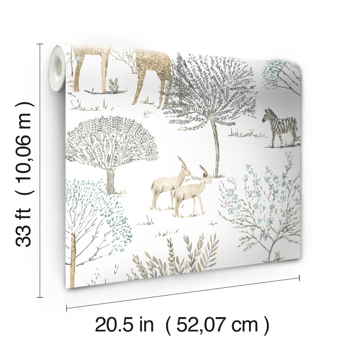 On the Savanna Neutral by York Wallcoverings Prepasted Non-Woven Strippable Washable Safari Giraffe Elephant & Zebra Wallpaper Roll - KI0541