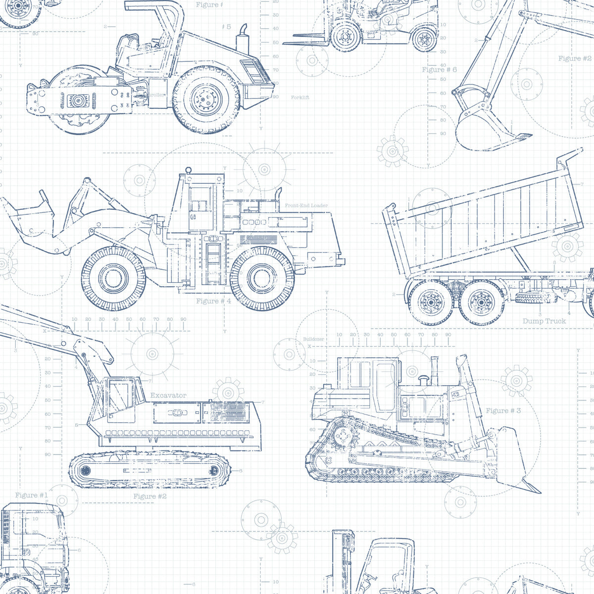 Construction Blueprint Navy Wallpaper by York Wallcoverings KS2350 featuring blueprint-style construction vehicles including excavators, dump trucks and bulldozers on a graph paper background
