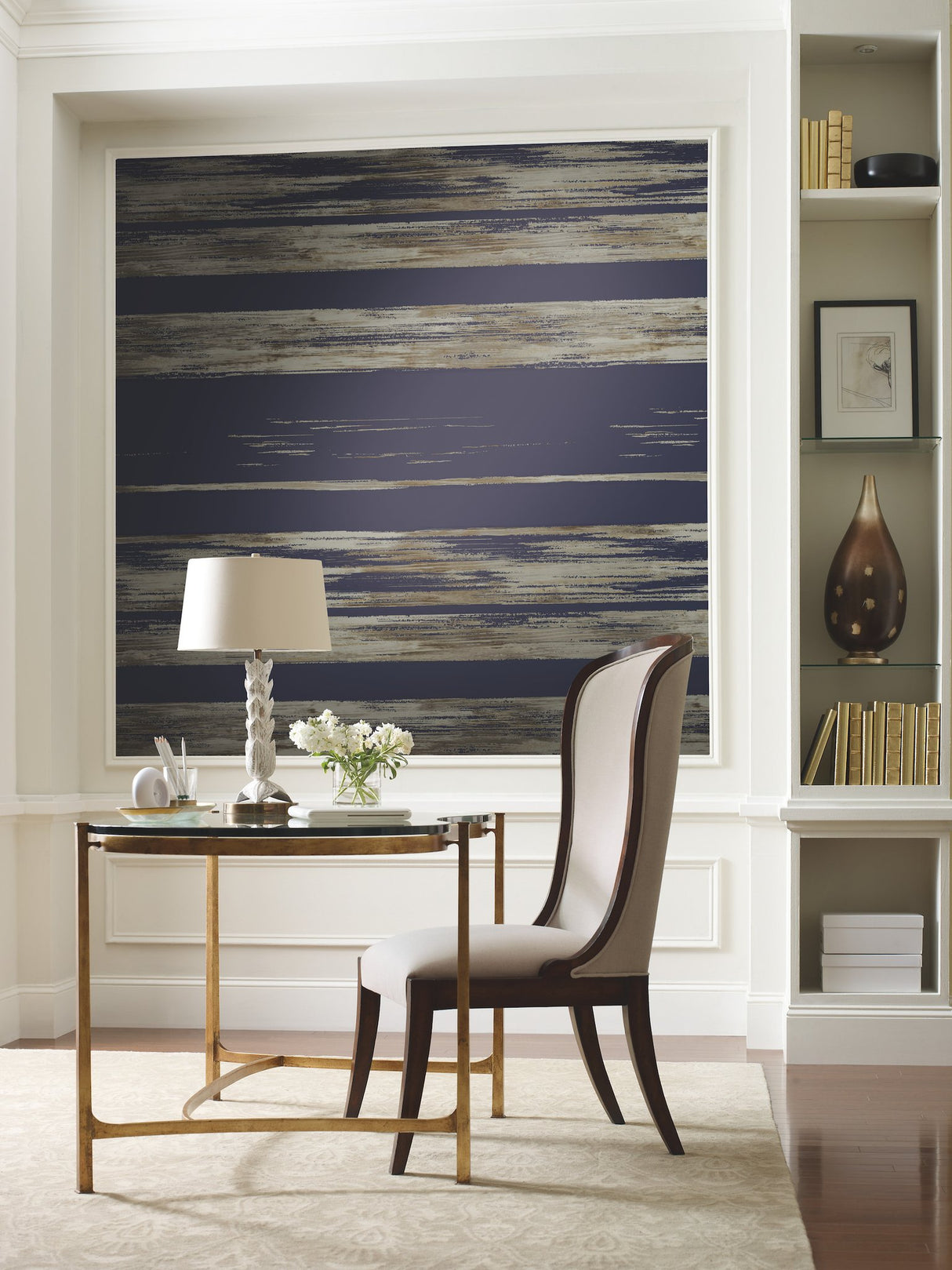 Horizontal Dry Brush Navy Wallpaper with Painterly Stripes - York KT2154
