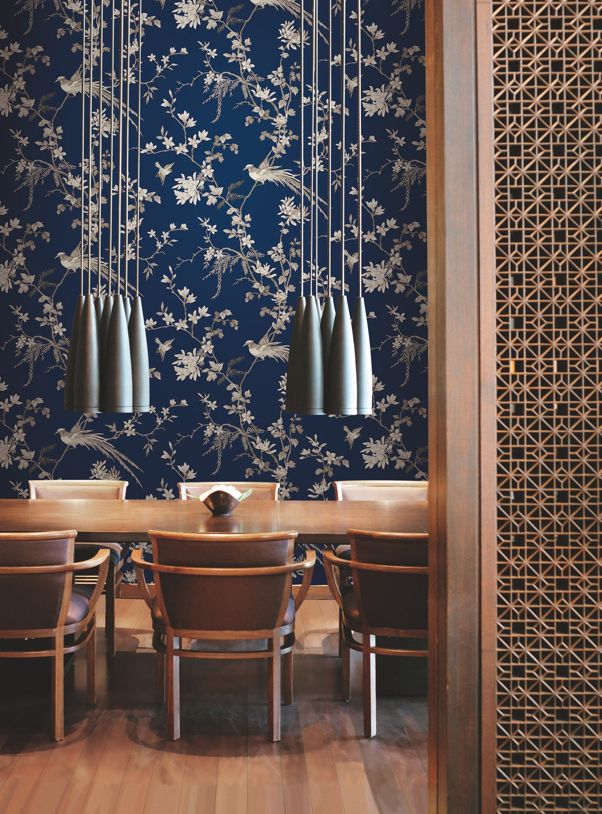 Bird & Blossom Chinoserie Blue Wallpaper with Chinoiserie Bird and Blossom Motif - York KT2171
