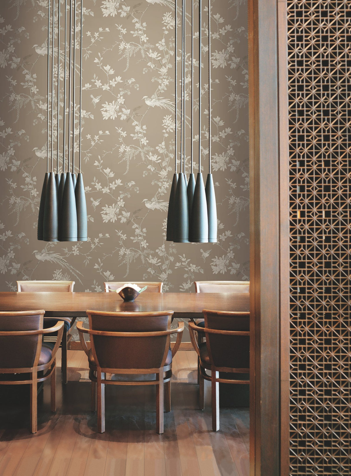 Bird & Blossom Chinoserie Brown Wallpaper with Botanical Chinoiserie Motif - York KT2172