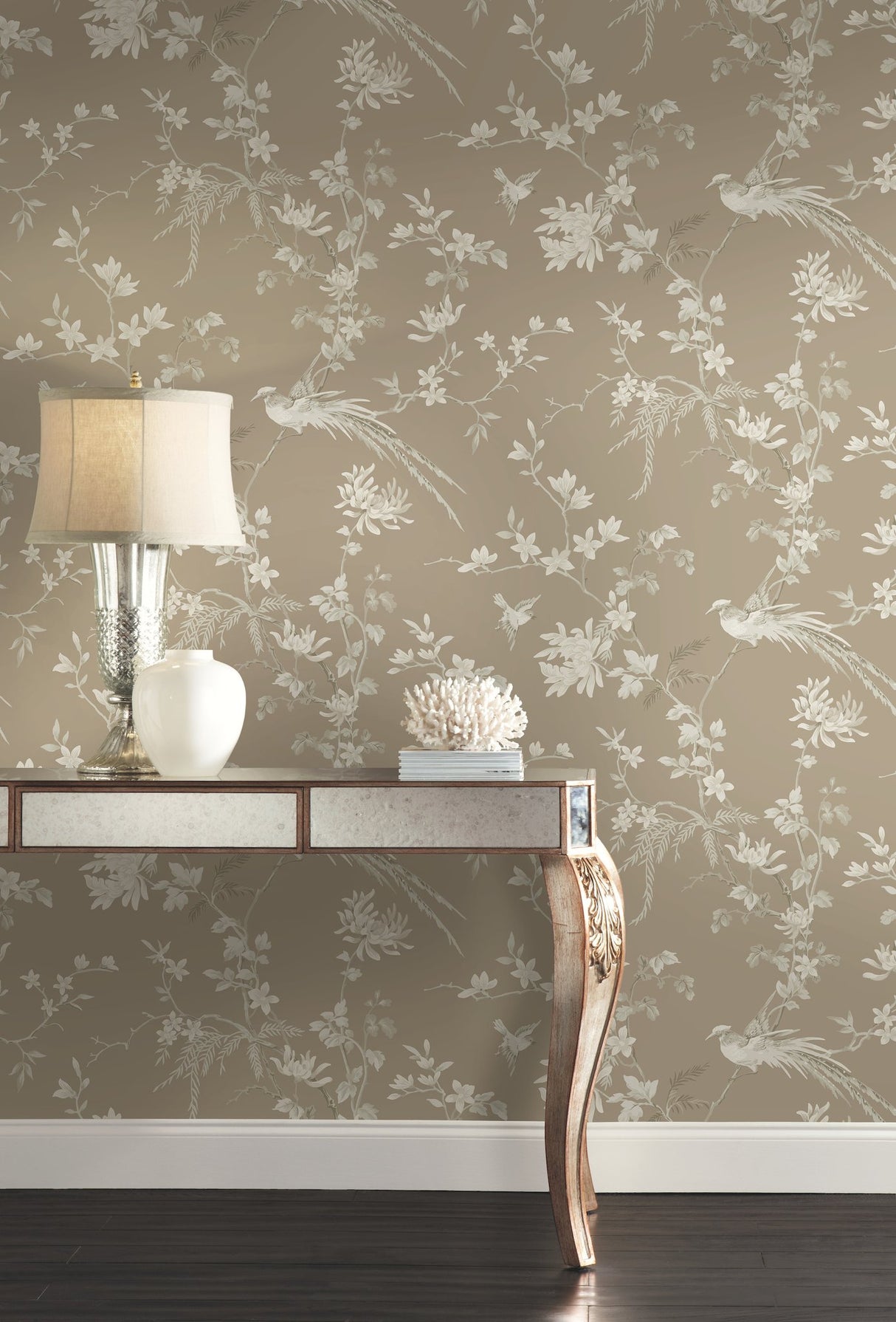 Bird & Blossom Chinoserie Brown Wallpaper with Botanical Chinoiserie Motif - York KT2172
