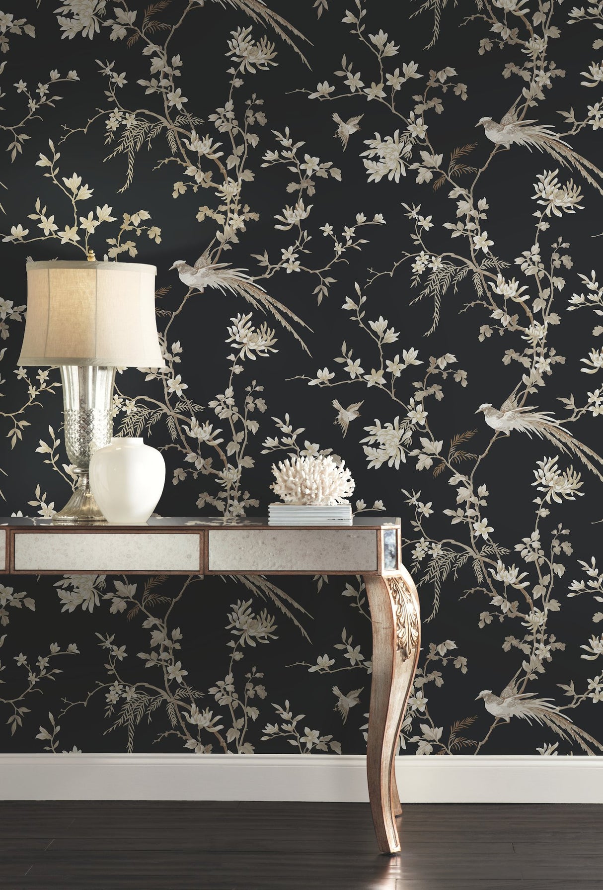 Bird & Blossom Chinoserie Black Wallpaper with Botanical Chinoiserie Motif - York KT2173