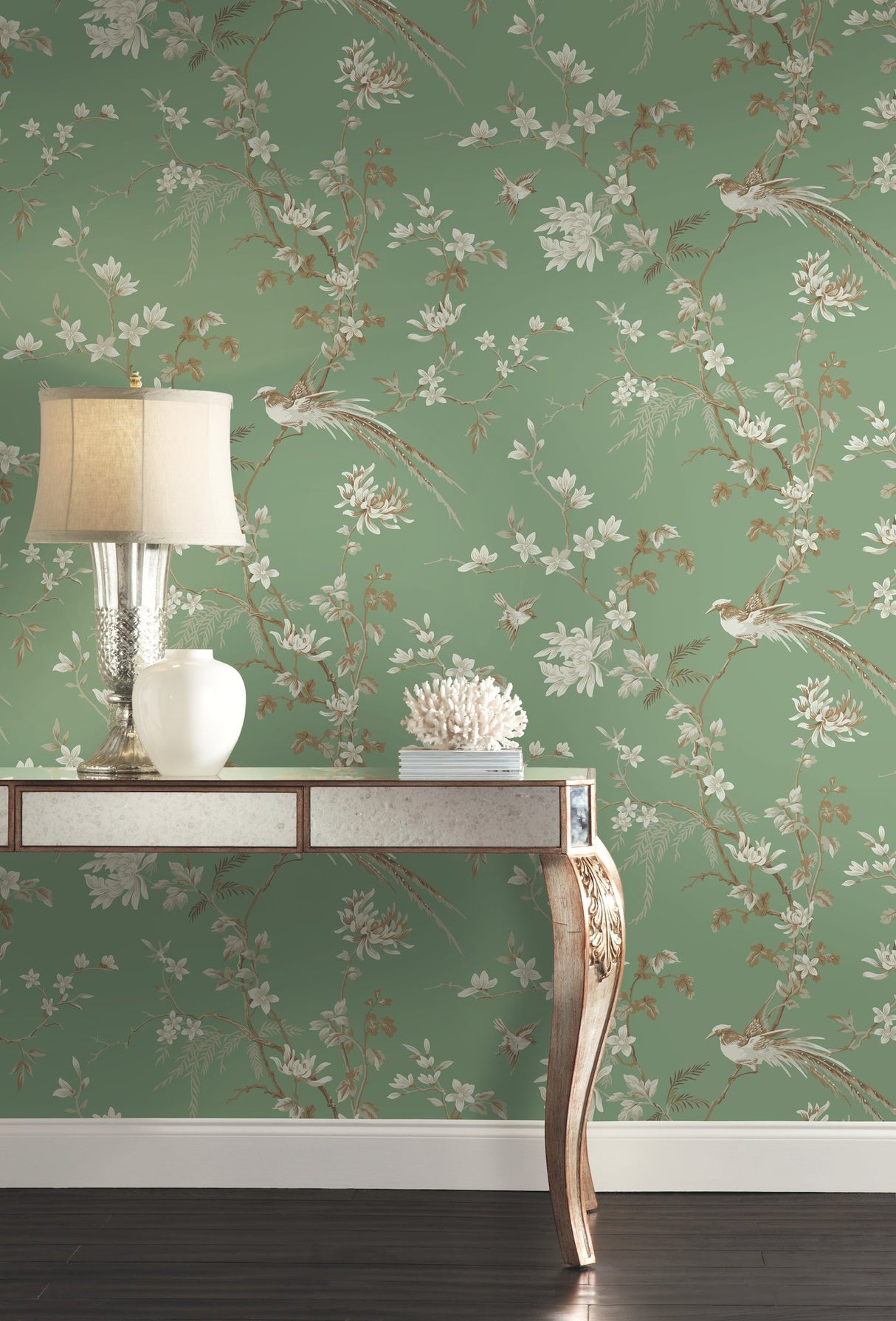 Bird & Blossom Chinoserie Green Wallpaper with Chinoiserie Botanical Birds Pattern York KT2175