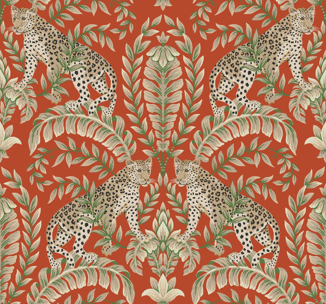 Jungle Leopard Orange Wallpaper with Exotic Leopards and Acanthus Damask - York KT2201