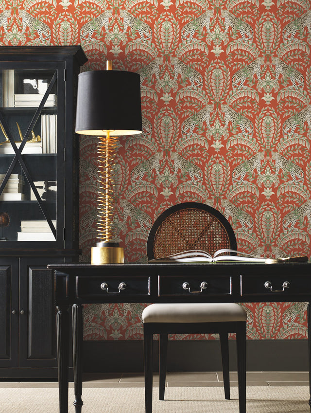 Jungle Leopard Orange Wallpaper with Exotic Leopards and Acanthus Damask - York KT2201