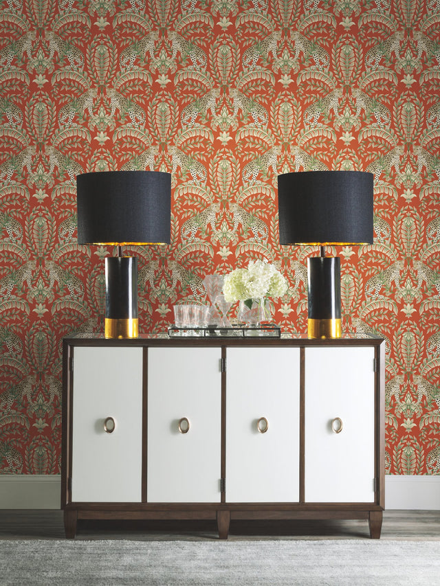 Jungle Leopard Orange Wallpaper with Exotic Leopards and Acanthus Damask - York KT2201