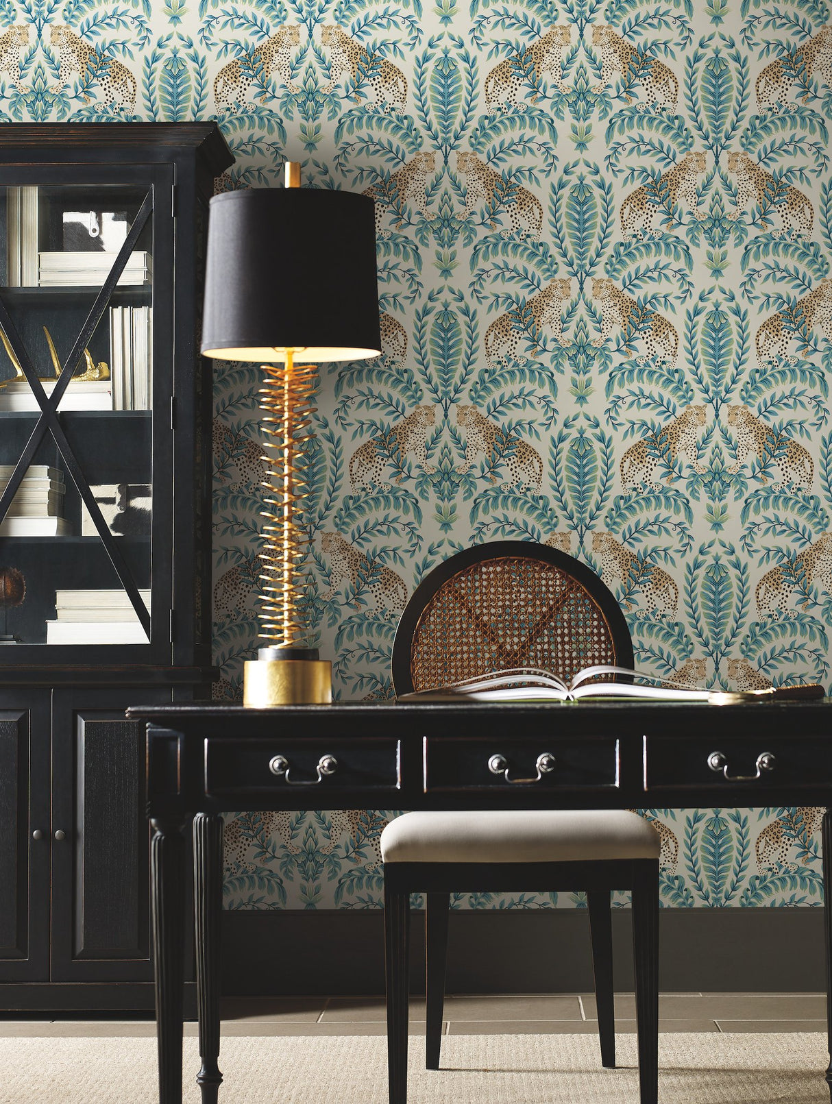 Jungle Leopard Taupe Wallpaper with Traditional Acanthus Leaf Motif - York KT2206