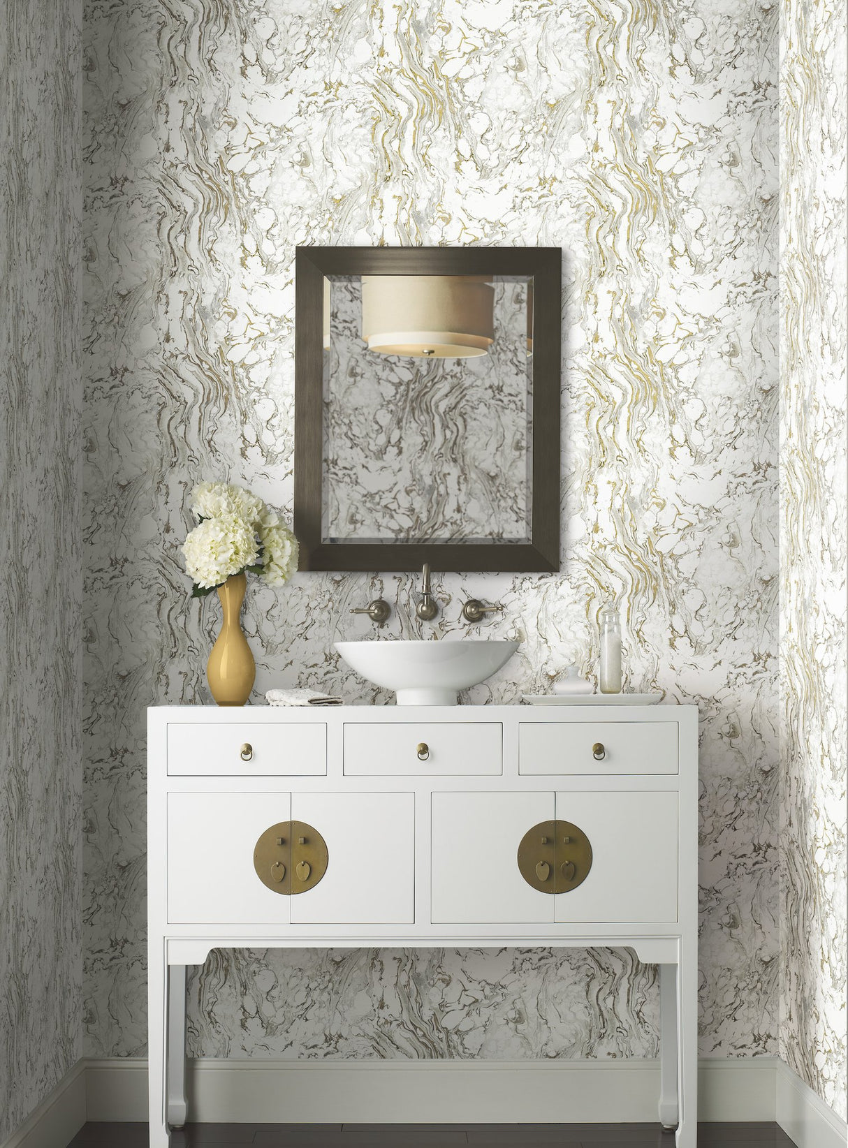 Polished Marble Black & White Wallpaper with Modern Marble Swirl Motif - York KT2221