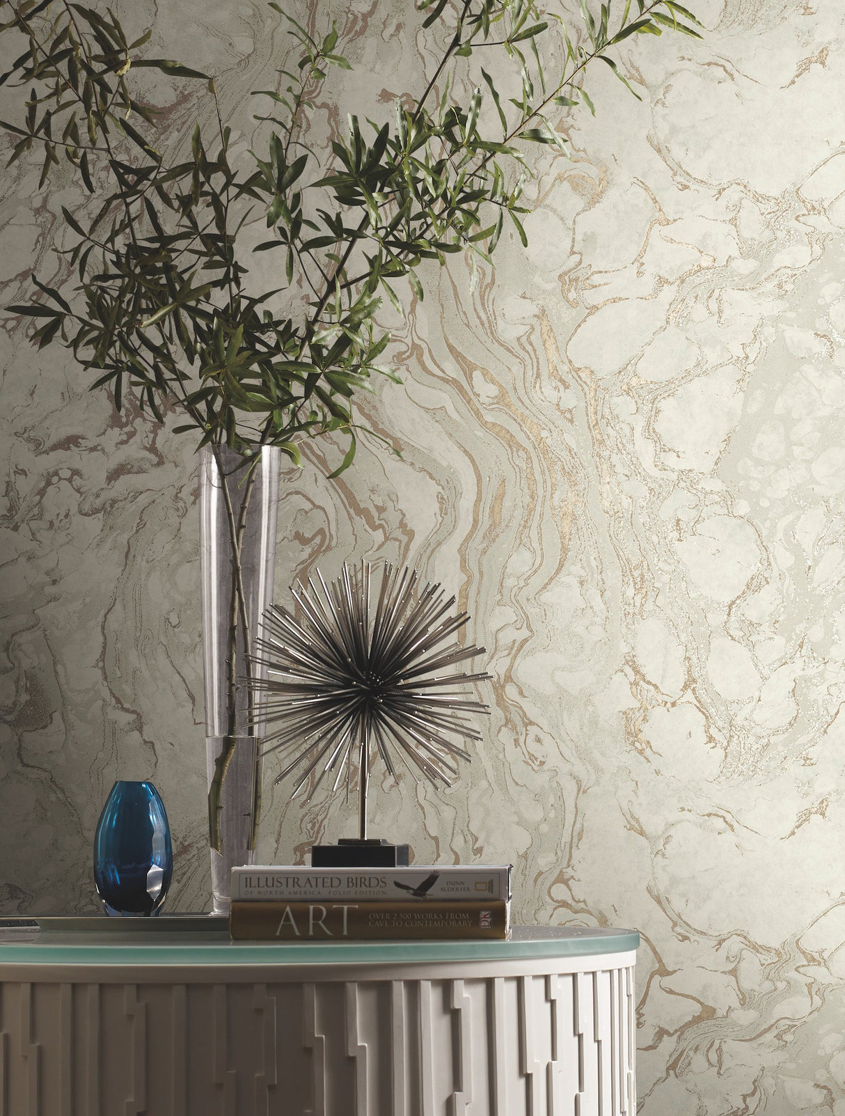 Polished Marble White & Gold Wallpaper with Modern & Transitional Marbled Pattern - York KT2223